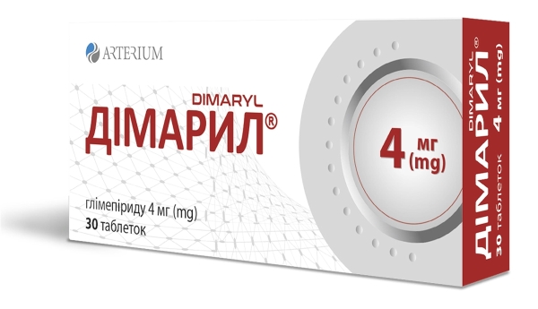 ДІМАРИЛ® таблетки по 4 мг по 10 таблеток у блістері, по 3 блістери у пачці з картону